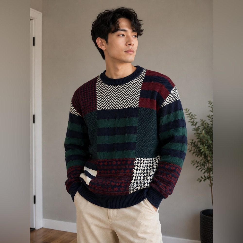 Vintage Joe’s Causal Jos A Bank Patchwork Knit Red Green Crewneck Sweater - M